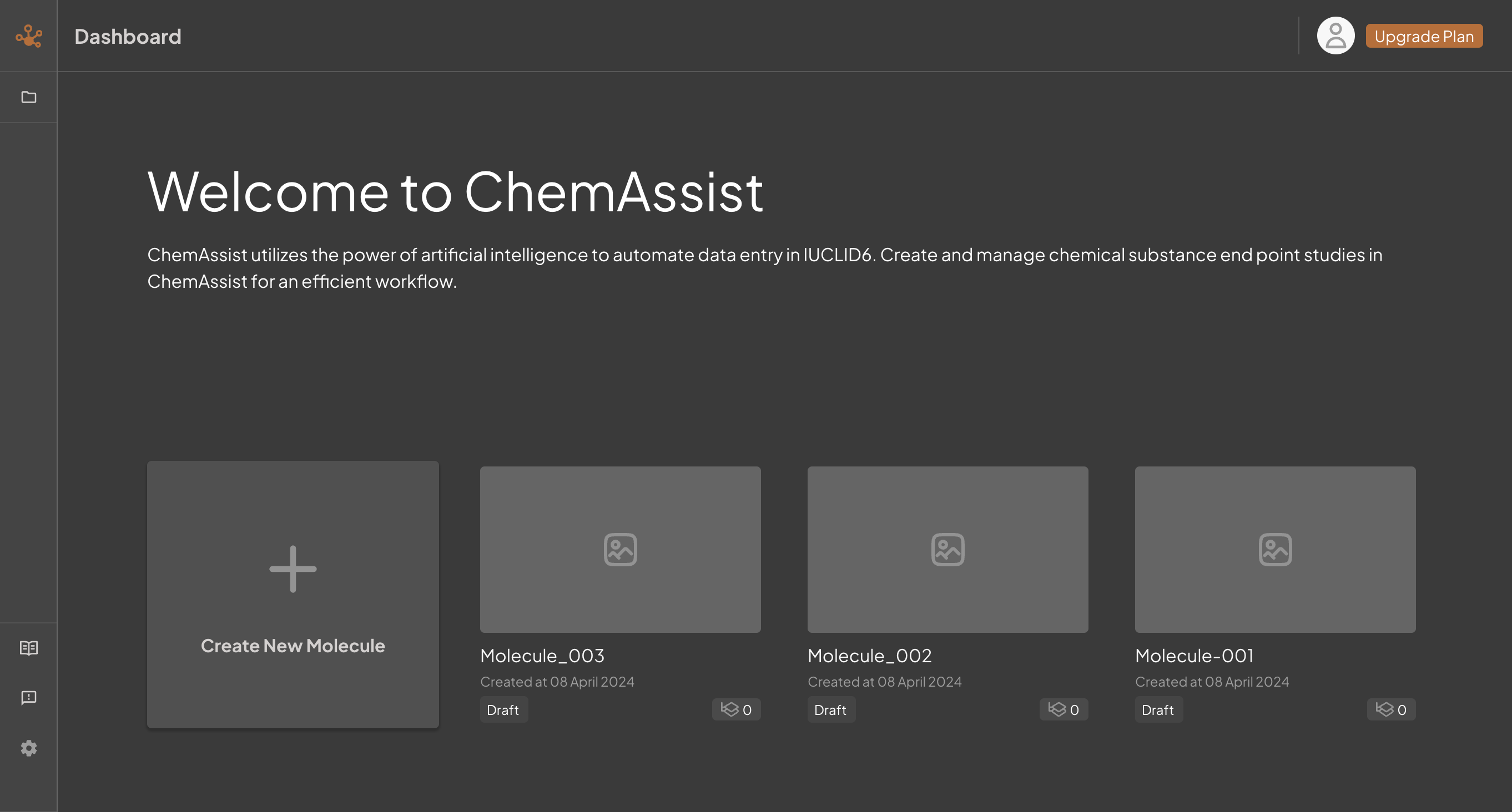 screenshot of dashboard with molecules