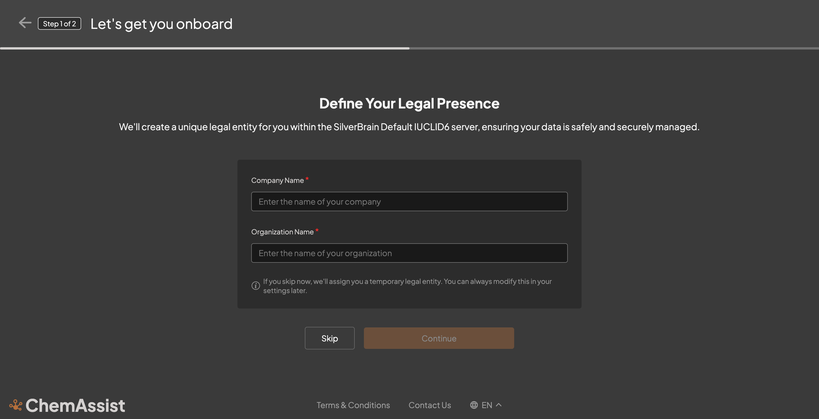 Screenshot of onboarding first step